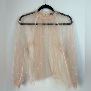INC Pearl Sheer Tulle Long Sleeve Blouse